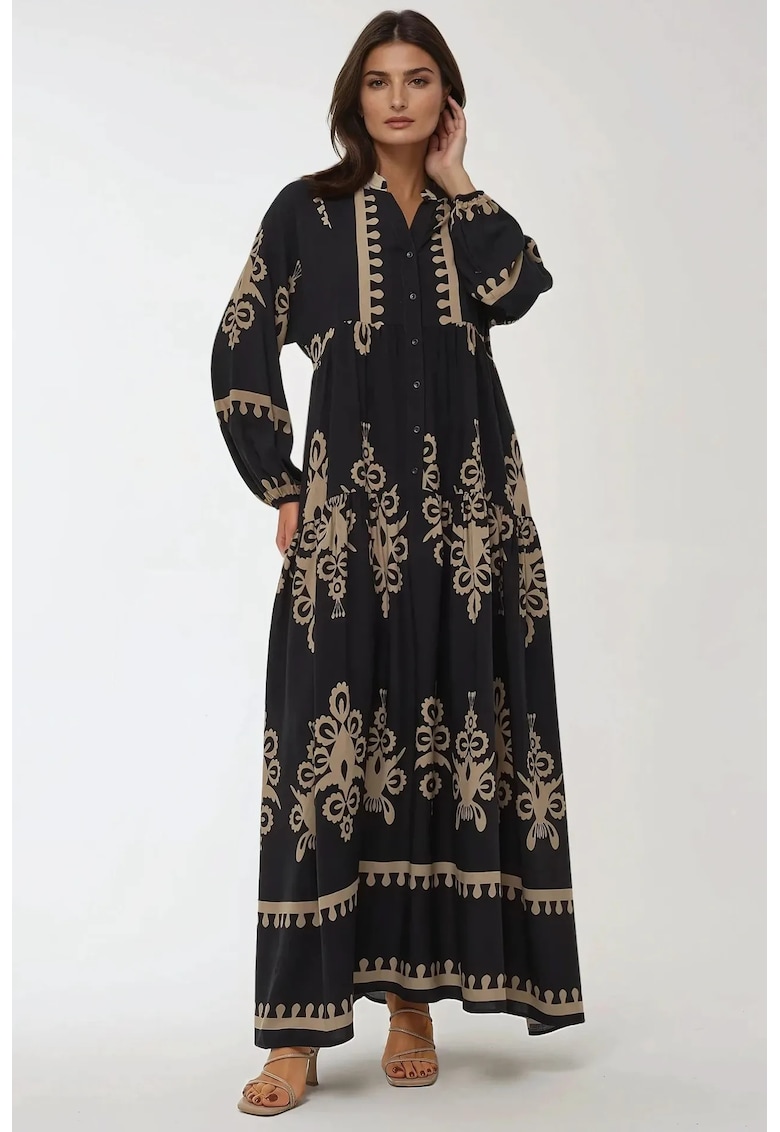 Rochie maxi  imprimeu - maneca lunga - negru - viscoza