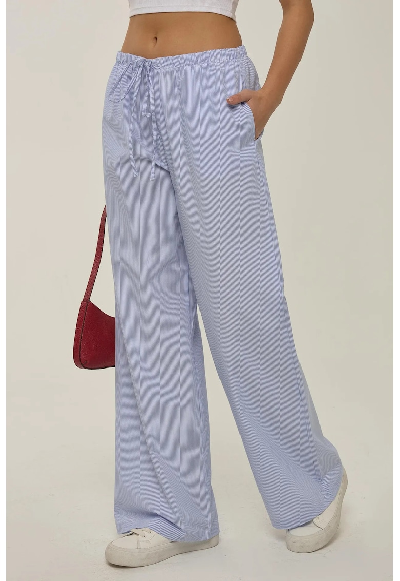 Pantaloni dama -  din bumbac cu dungi - talie elastica - albastru