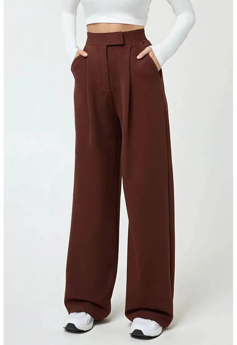 Pantaloni dama -  textil - talie inalta - culoare maro
