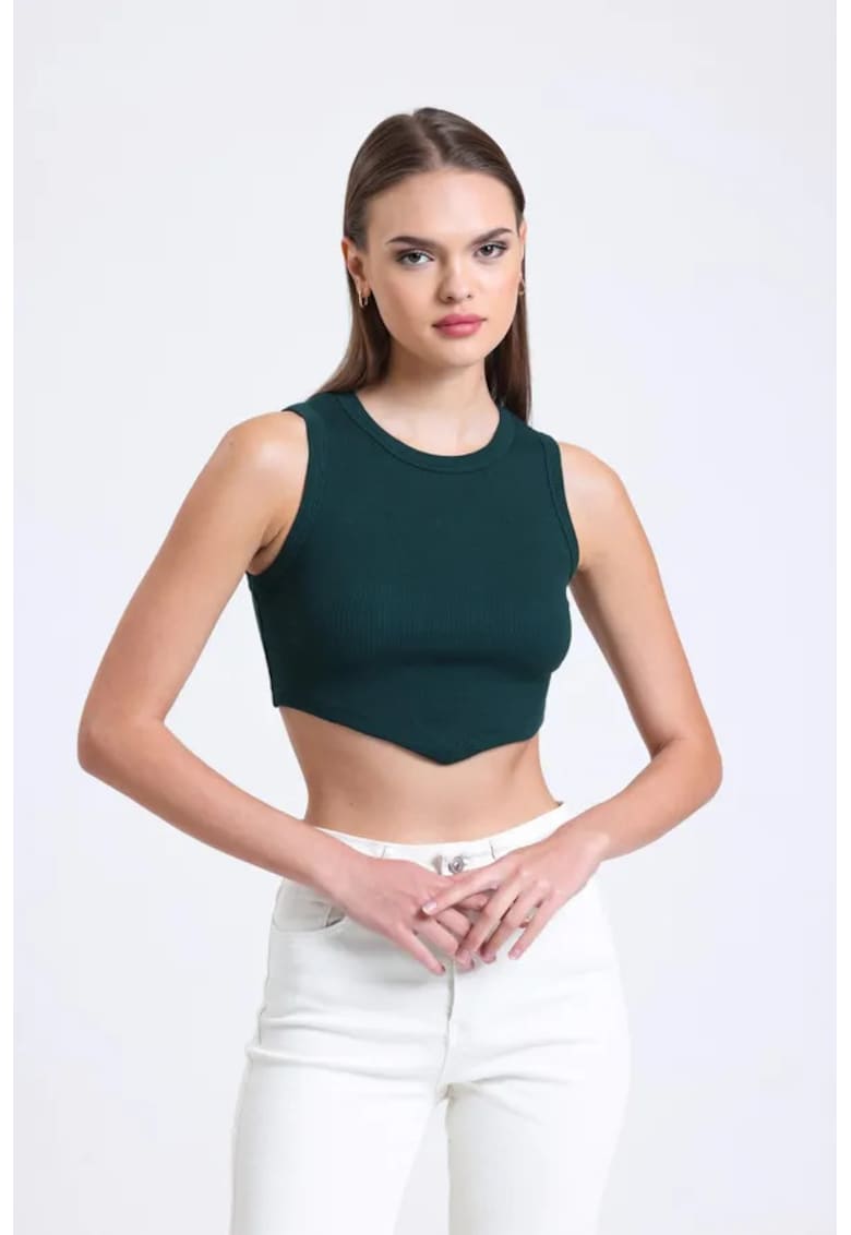 Top scurt -  guler rotund - forma de V - verde - textil