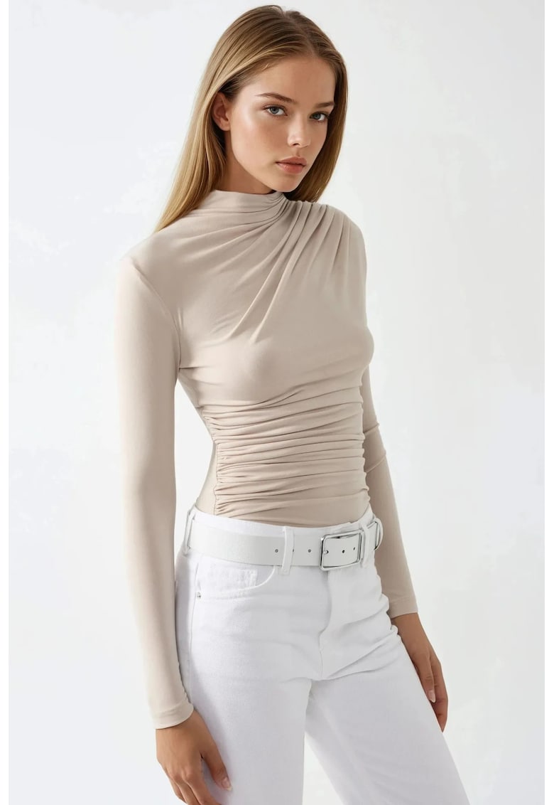 Bluza dama -  guler inalt - poliester/elastan - bej