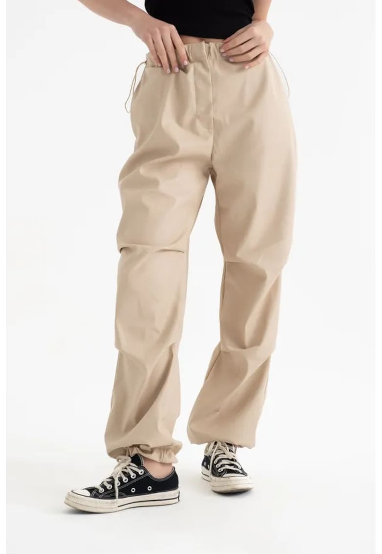 Pantaloni dama -  cargo din piele ecologica - talie inalta - snur - natur