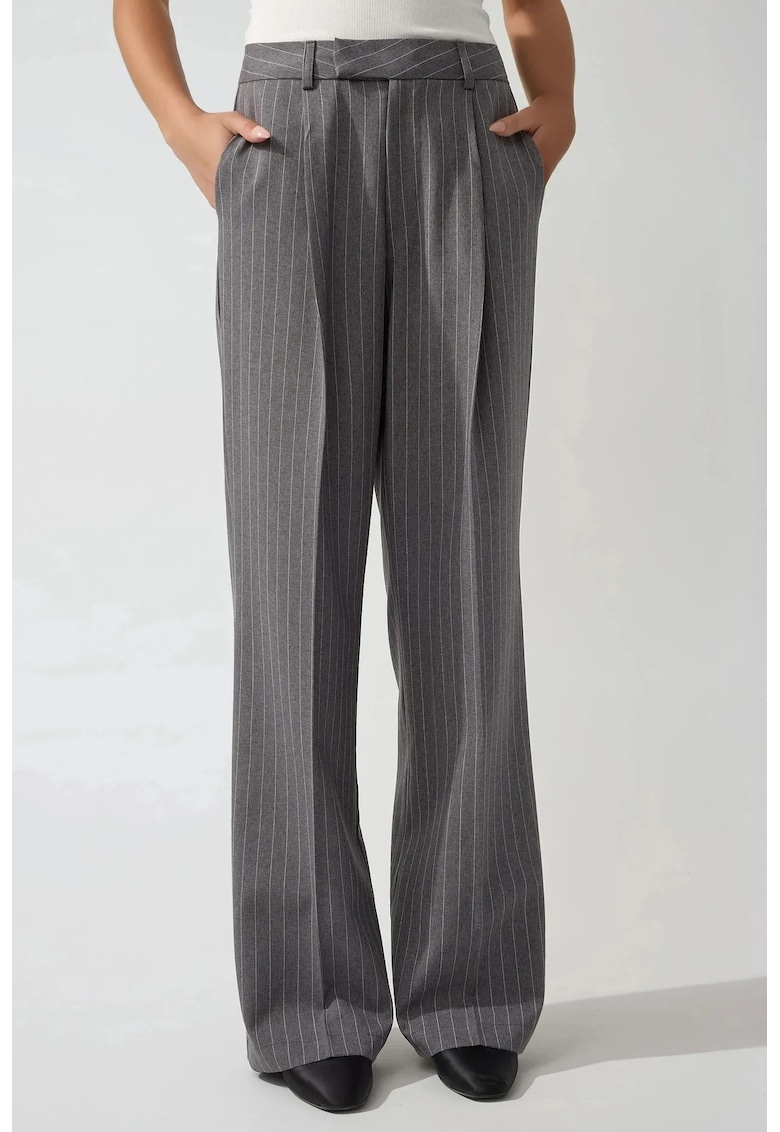 Pantaloni dama -  drepti - plisati - gri - textil