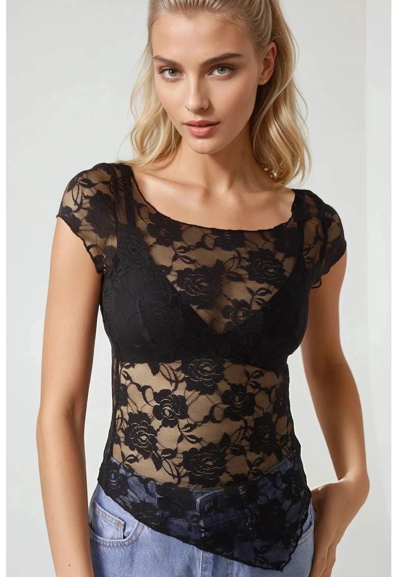 Top scurt -  dantela florala - negru - jerseu