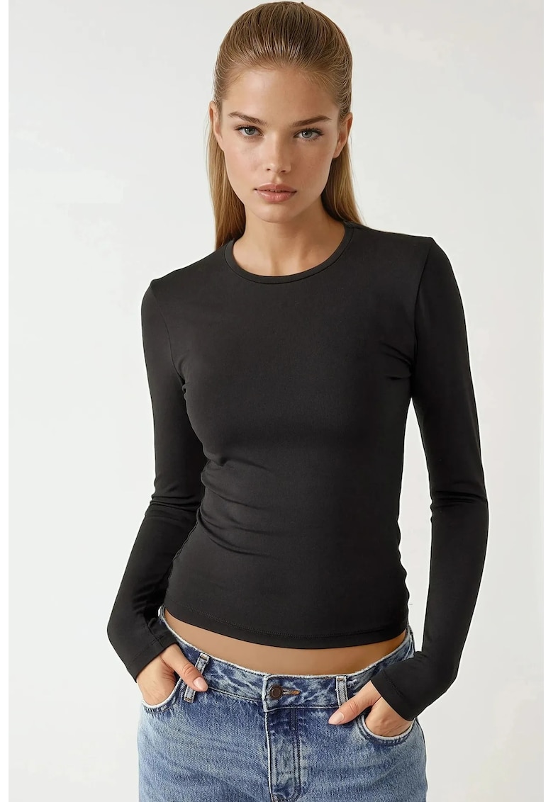 Bluze dama -  bluza cu maneca lunga - guler rotund - negru - jerseu