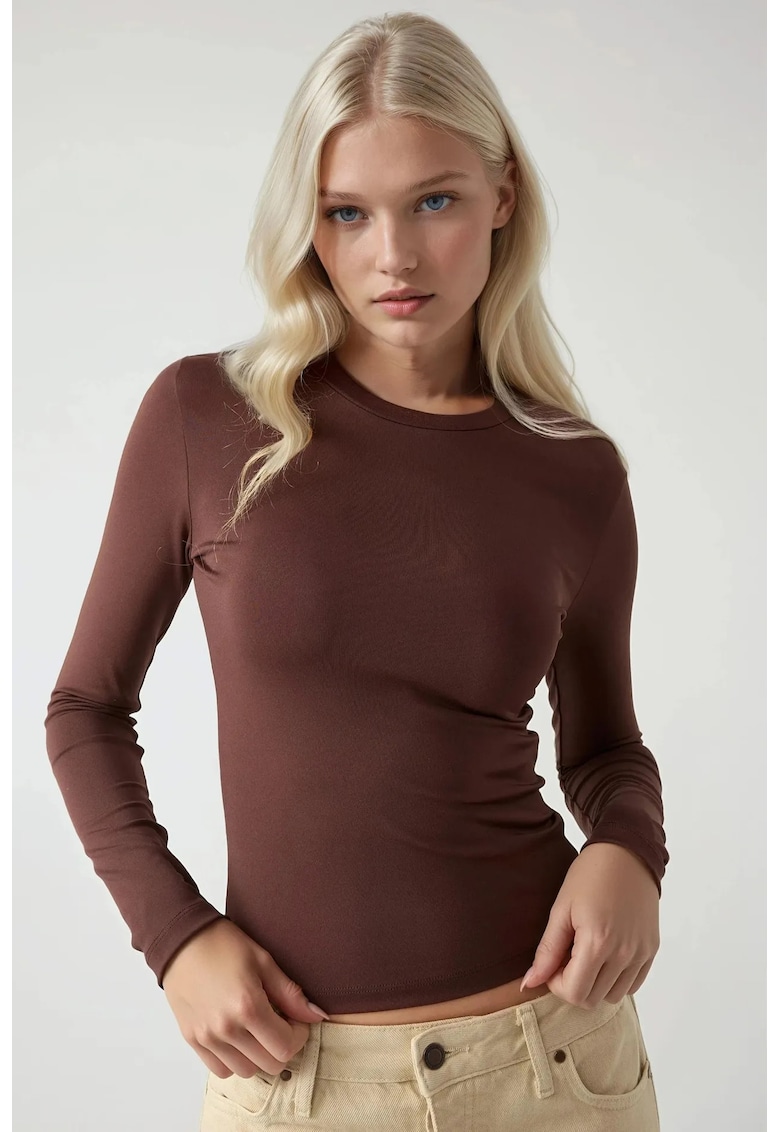 Bluza dama -  slim fit - maneca lunga - guler rotund - maro - jerseu