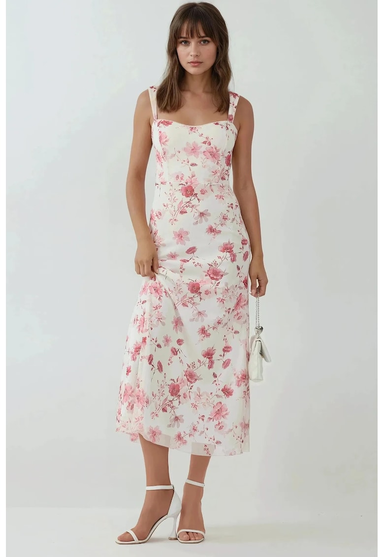 Rochie maxi -  imprimeu - guler cu inima - multicolor - tul