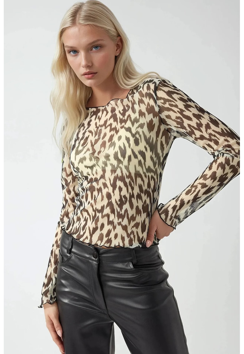 Bluza dama -  cu guler rotund - imprimeu - bej