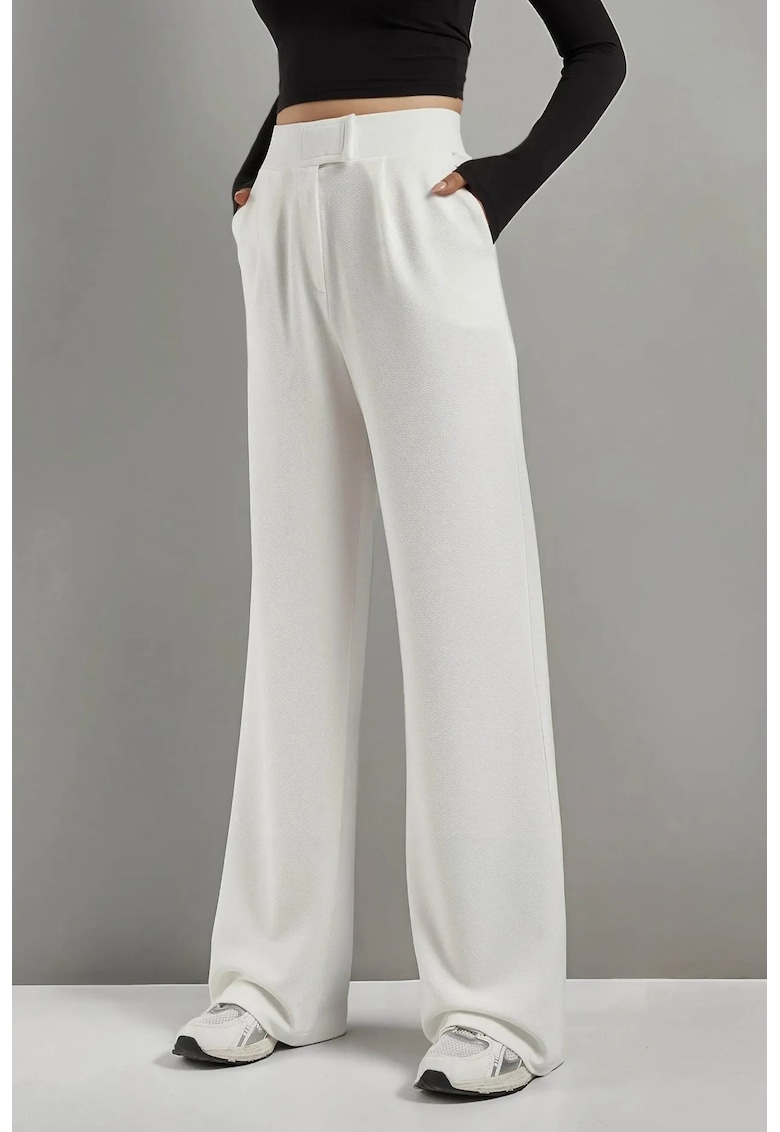 Pantaloni pentru dama -  Palazzo - talie inalta - textil - alb