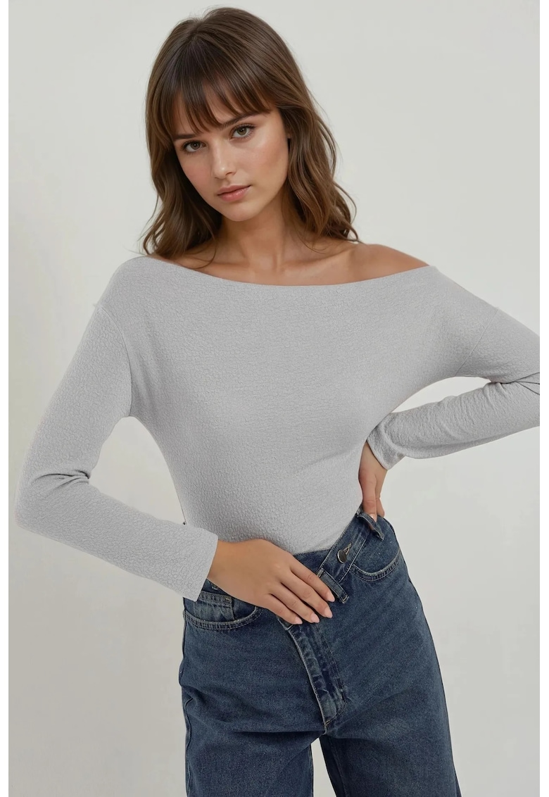 Bluza dama -  cu maneca lunga si guler Carmen - dungi - gri - jerseu