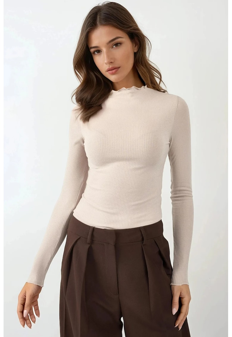Bluza dama -  texturata - guler rotund - maneca lunga - bej - jerseu