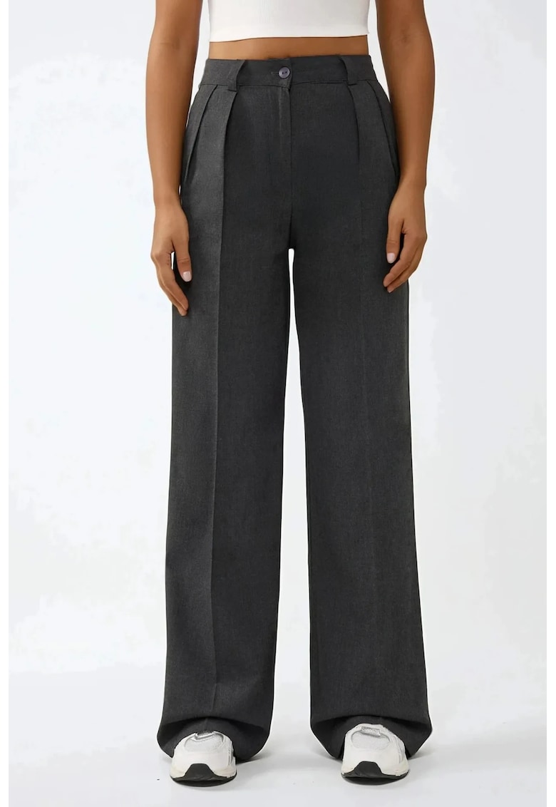 Pantaloni pentru dama -  Palazzo - cu talie inalta - croiala larga - textil - gri inchis