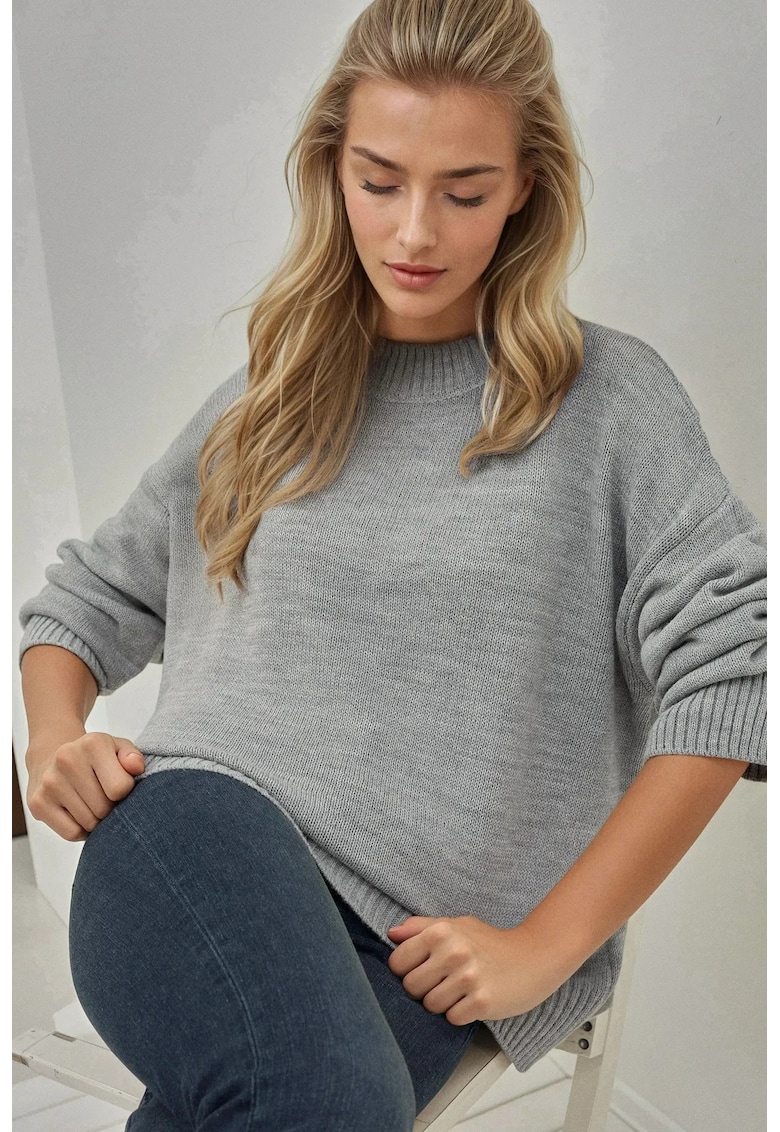 Pulover tricotat dama -  lung - guler rotund - gri - tricot