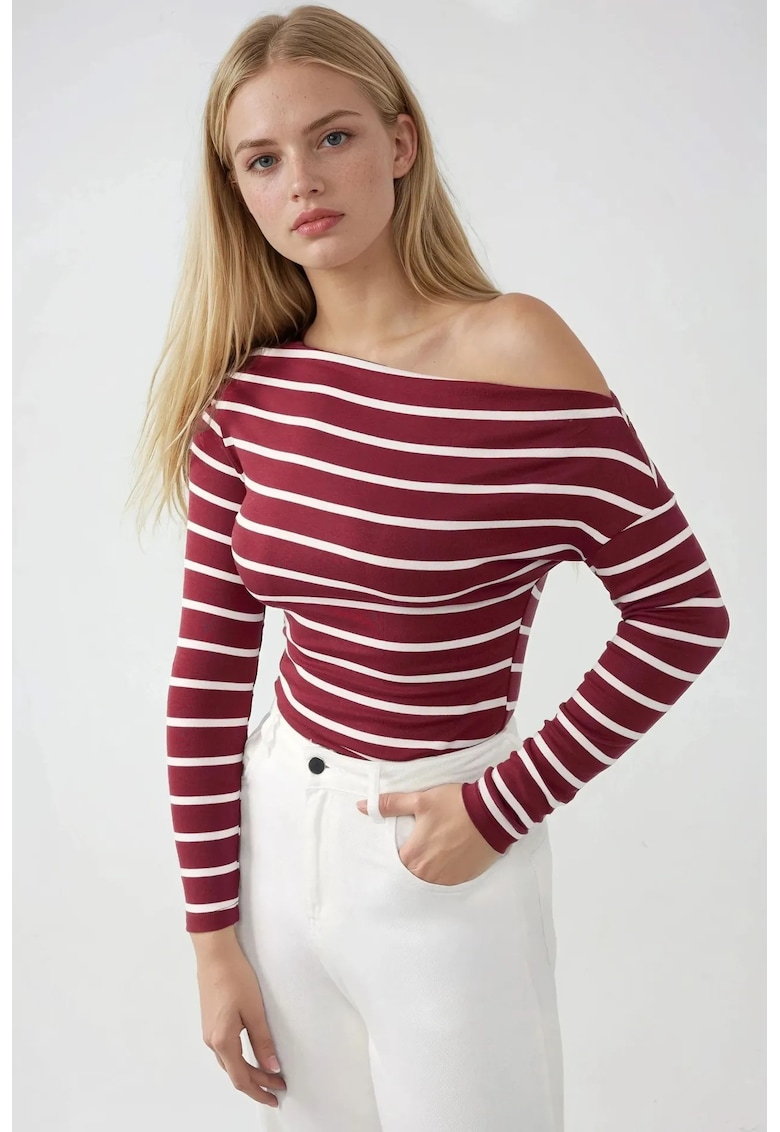 Bluza dama -  cu maneca lunga - guler Carmen - rosu - jerseu