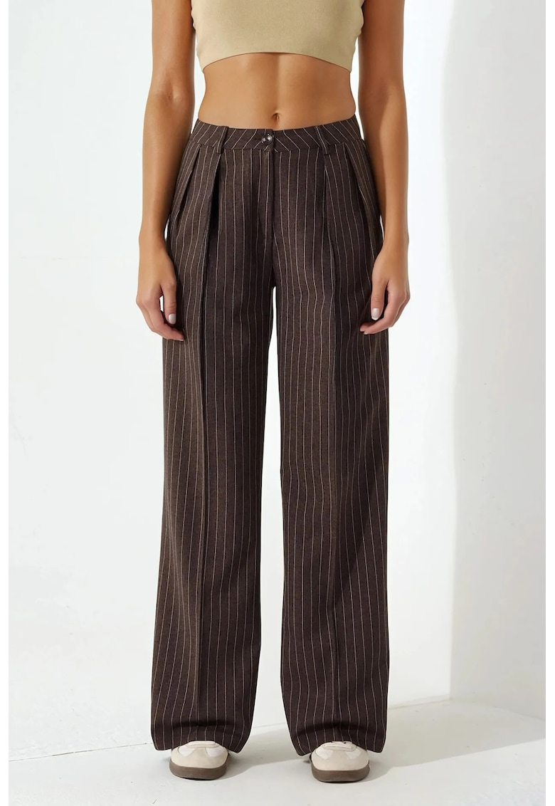 Pantaloni dama -  Palazzo - cu dungi - croiala larga - poliester/viscoza - maro