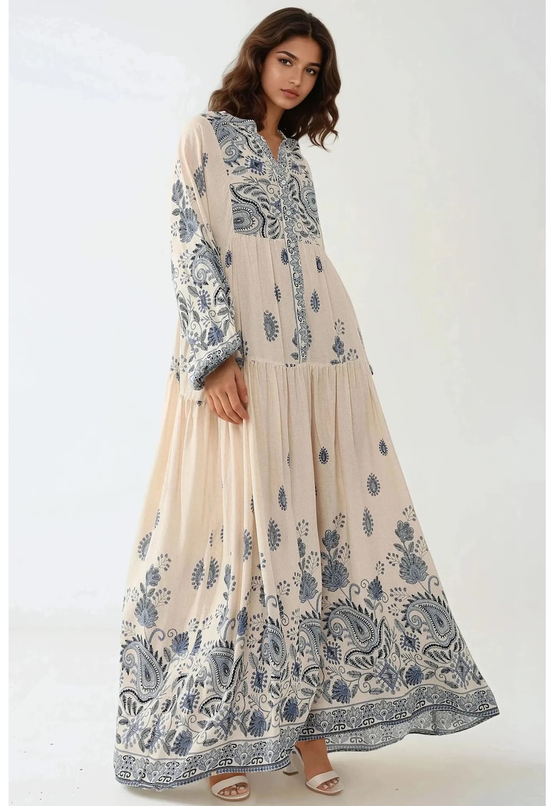 Rochie maxi -  decolteu in V - albastra - material textil