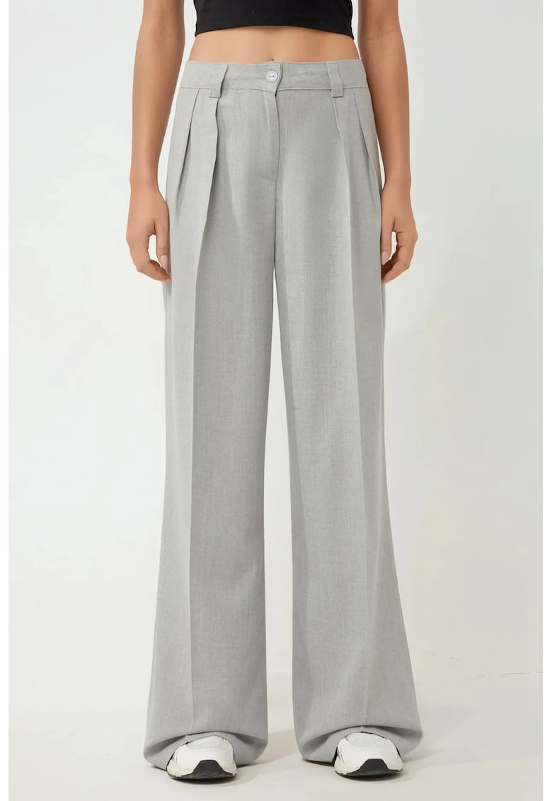 Pantaloni pentru dama -  Palazzo - cu talie inalta - textil - gri