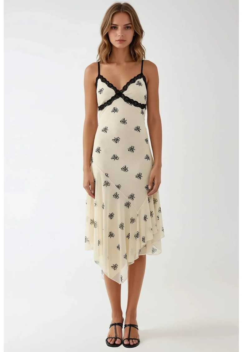 Rochie maxi -  mulata - cu imprimeu - decolteu in V - alb - jerseu