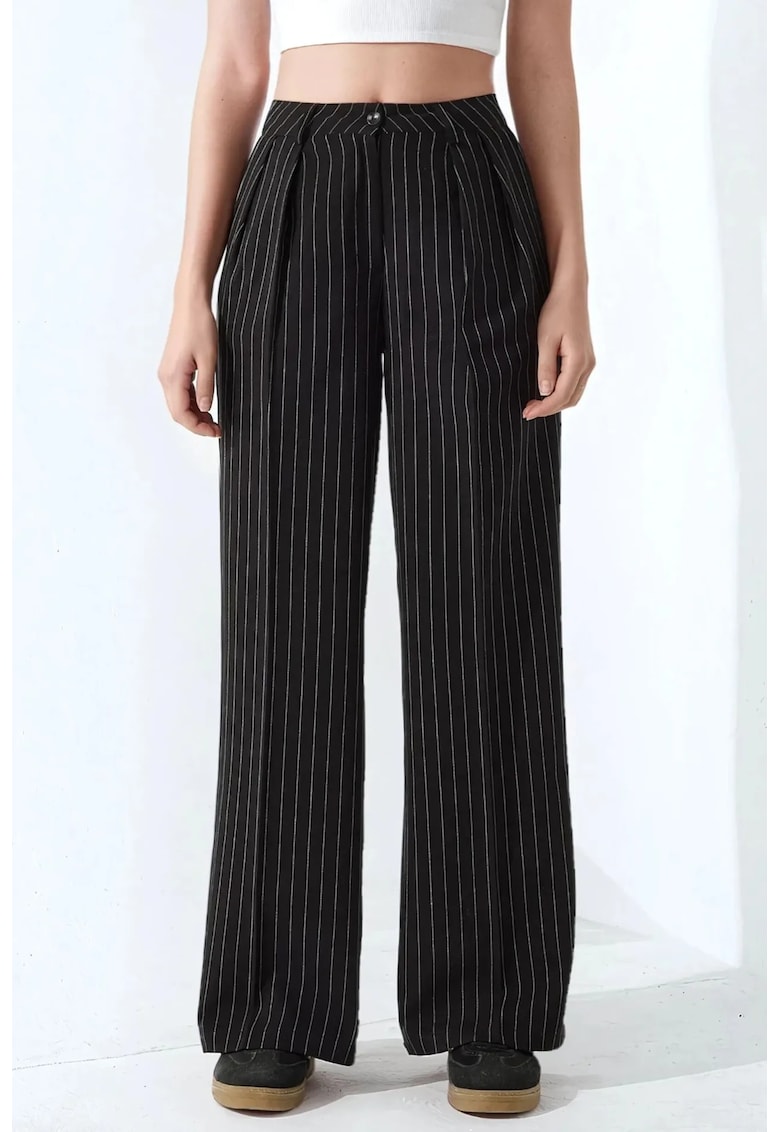 Pantaloni pentru dama -  Palazzo - cu dungi - pliati - poliester/viscoza - negru