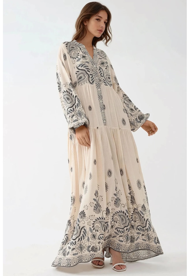 Rochie maxi -  decolteu in V - detalii cu nasturi - gri - textil