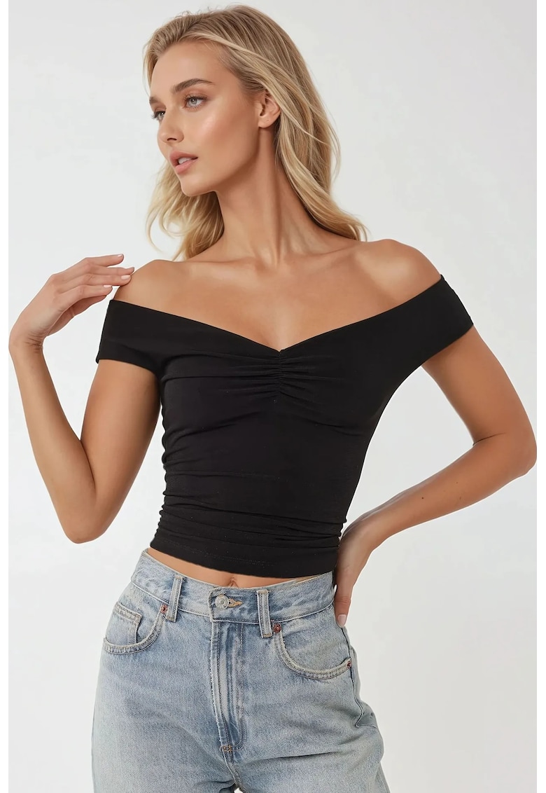 Top dama -  cu umeri goi - croiala slim fit - negru - jerseu