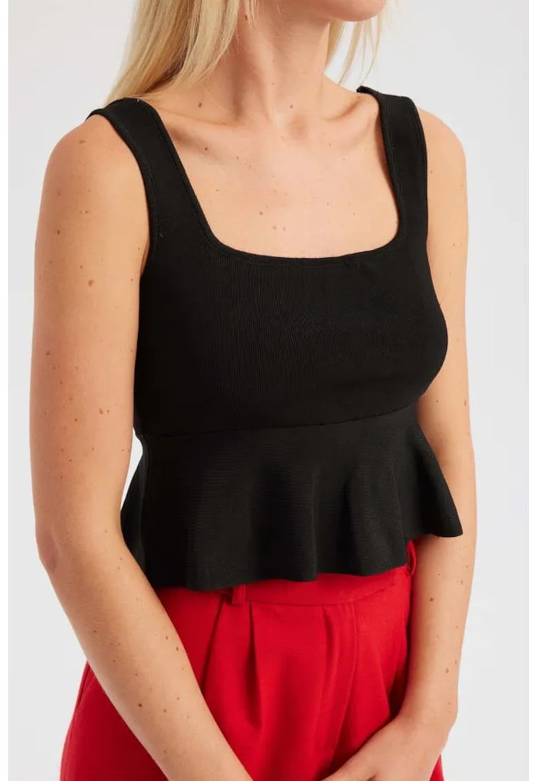 Top tricotat cu volane -  decolteu patrat - negru - jerseu -