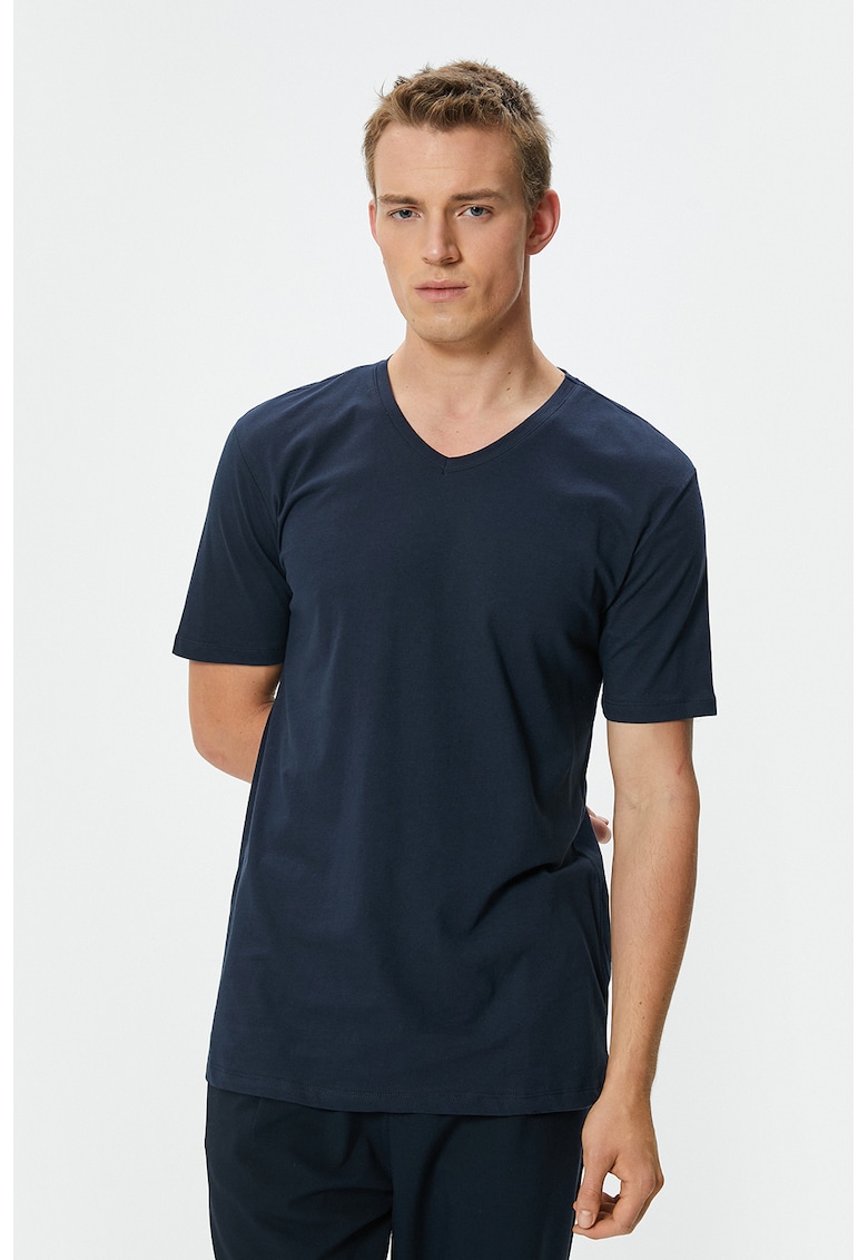 Set de tricouri slim fit cu decolteu in V - 2 piese - Alb/Bleumarin