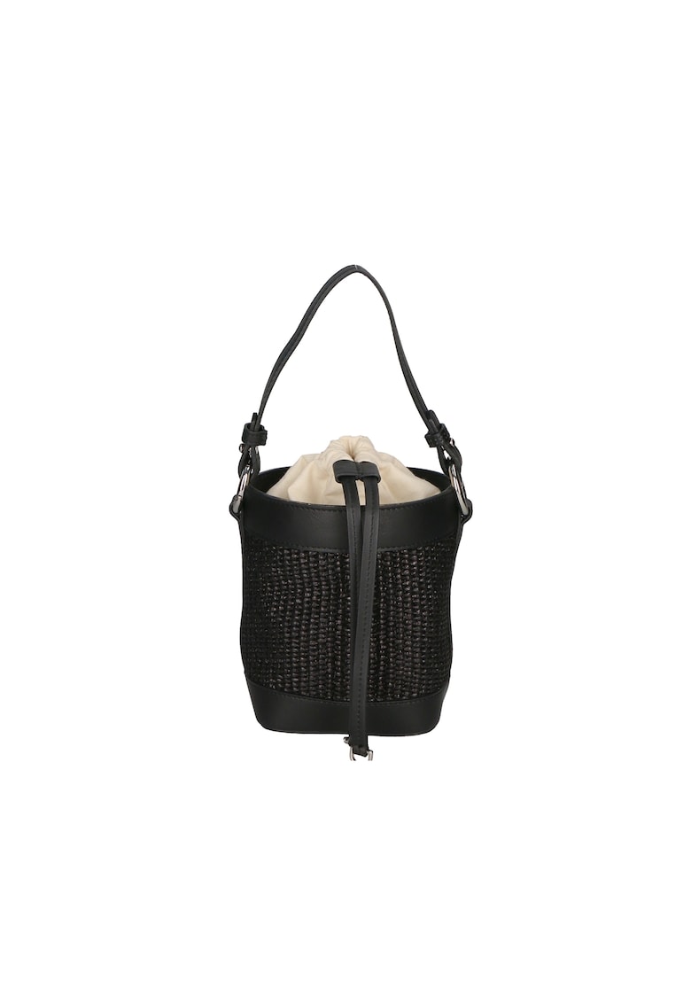 Geanta bucket de paie si piele - Negru