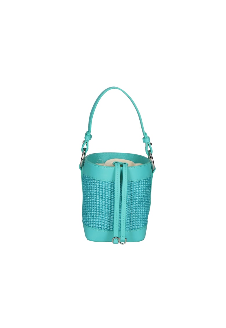 Geanta bucket de paie si piele - Turcoaz