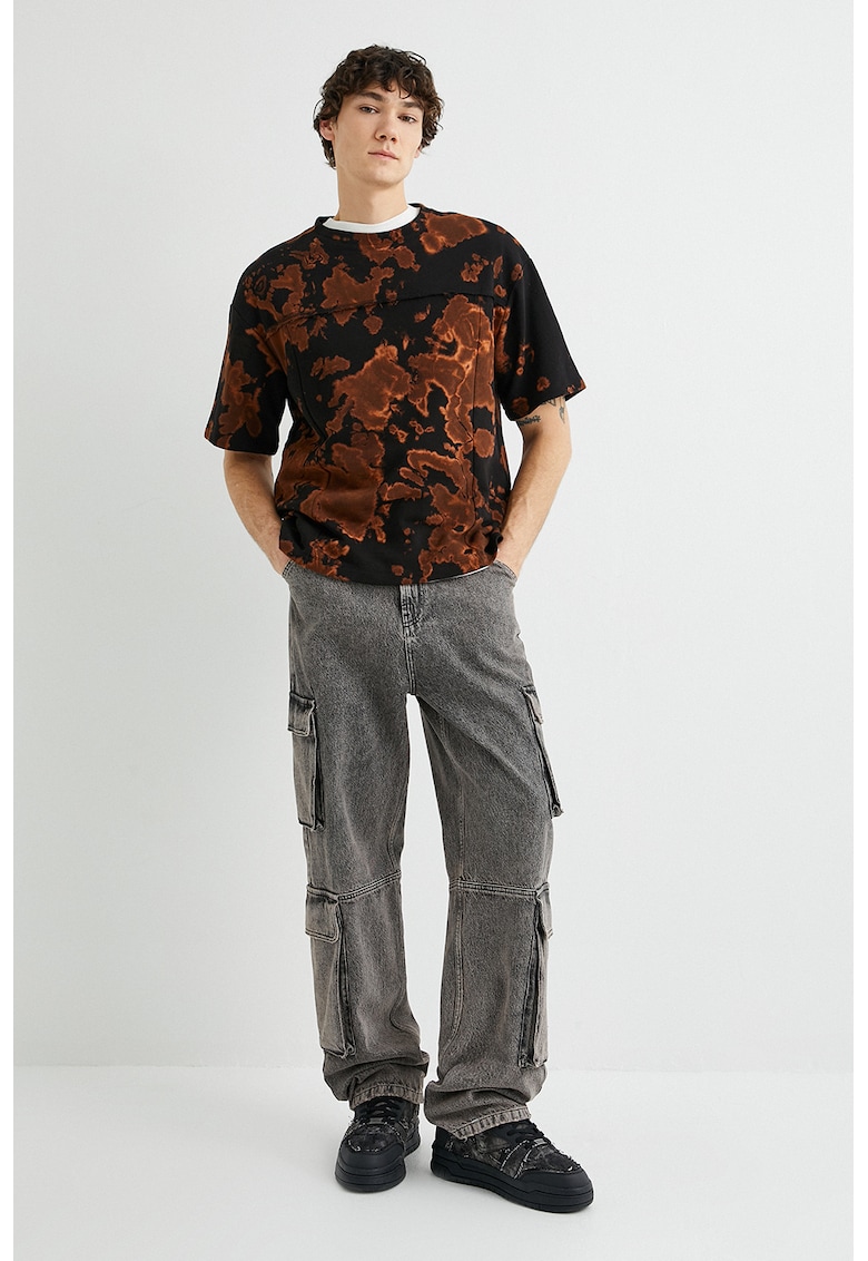 Tricou cu decolteu la baza gatului si imprimeu tie-dye - Negru/Maro