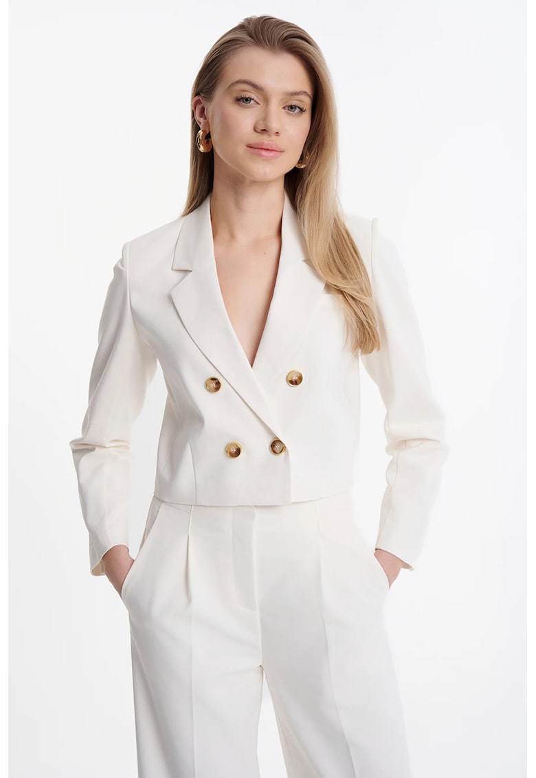 Sacou crop cu doua randuri de nasturi si revere decupate - Alb