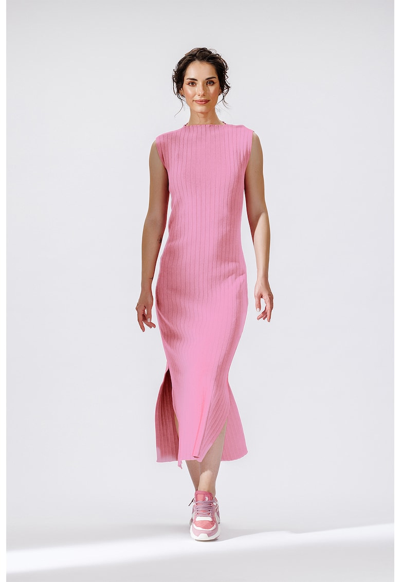 Rochie midi cu striatii si slit lateral - Roz