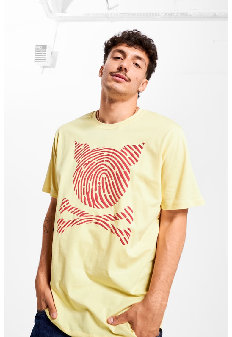 Tricou unisex cu decolteu la baza gatului si imprimeu logo - Galben