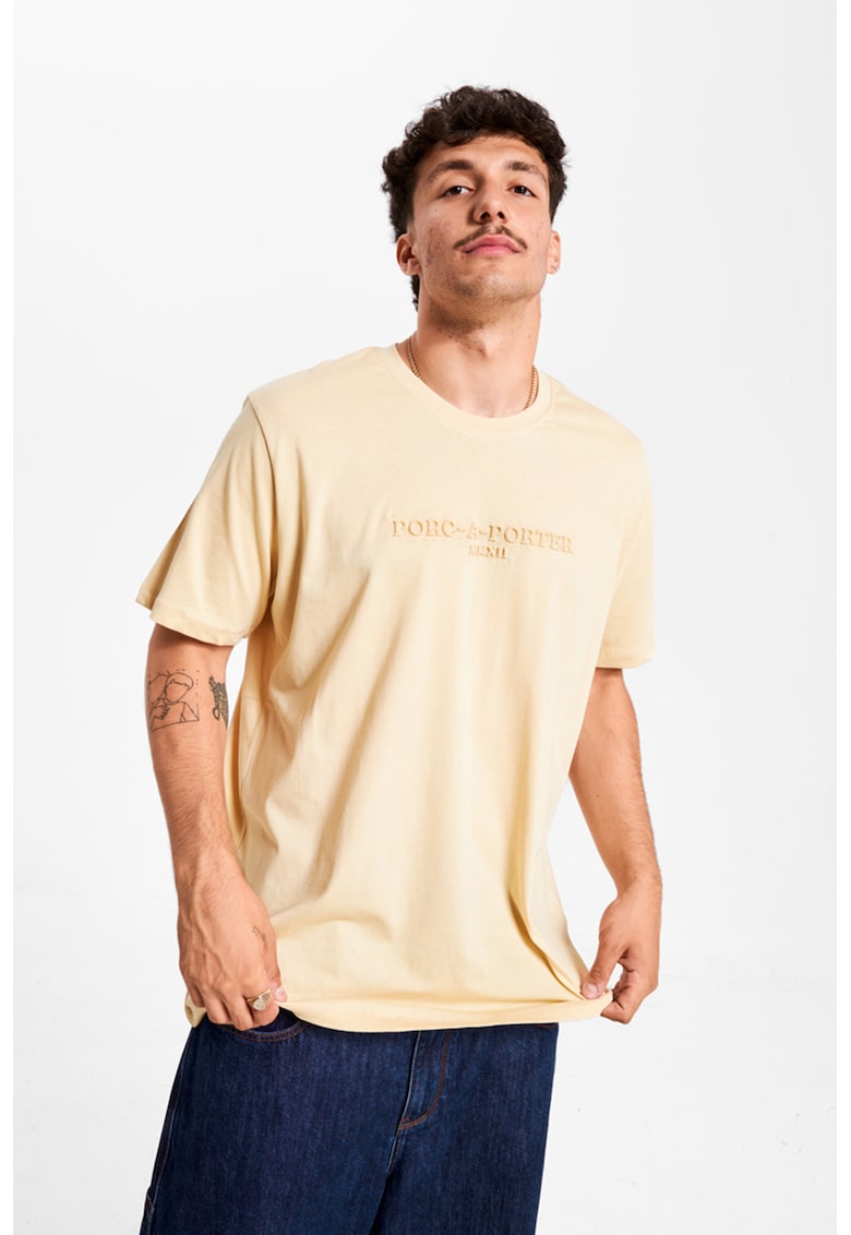 Tricou unisex cu text in relief - Bej deschis