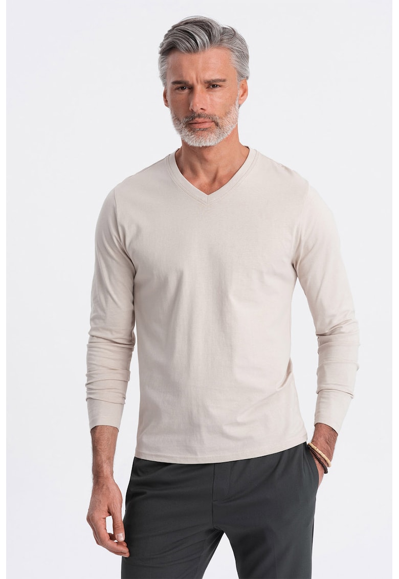 Bluza din bumbac cu decolteu in V - Bej deschis