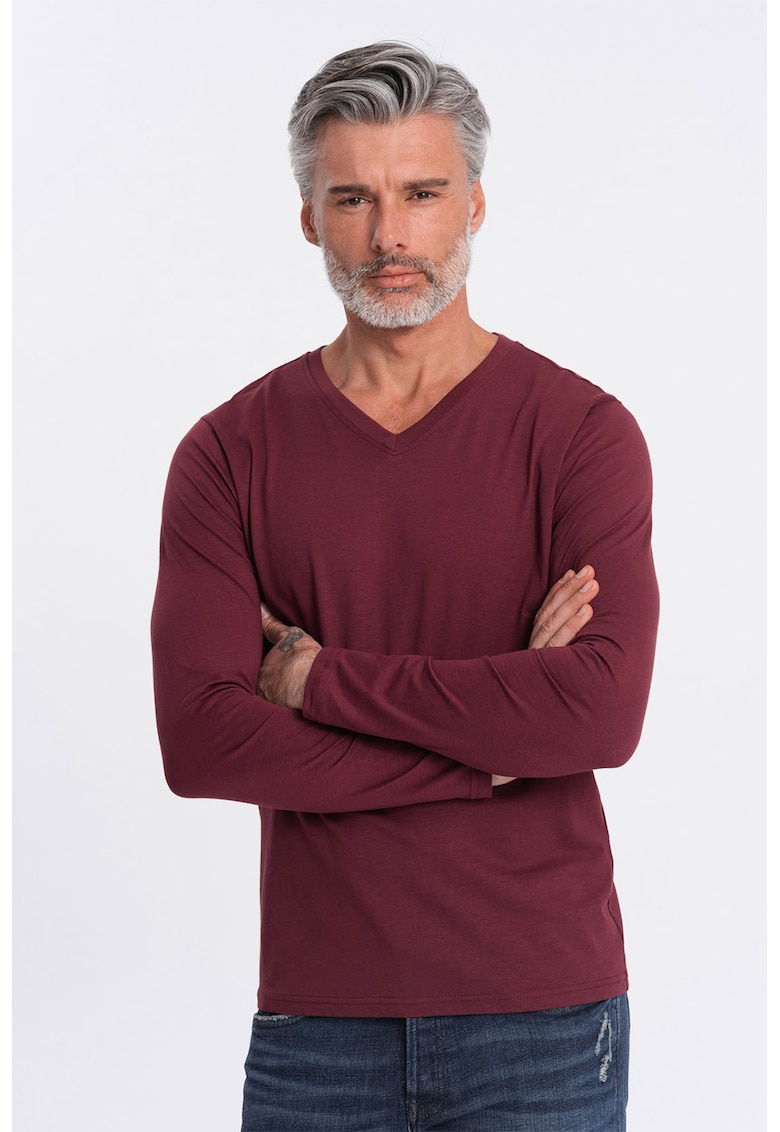 Bluza din bumbac cu decolteu in V - Visiniu