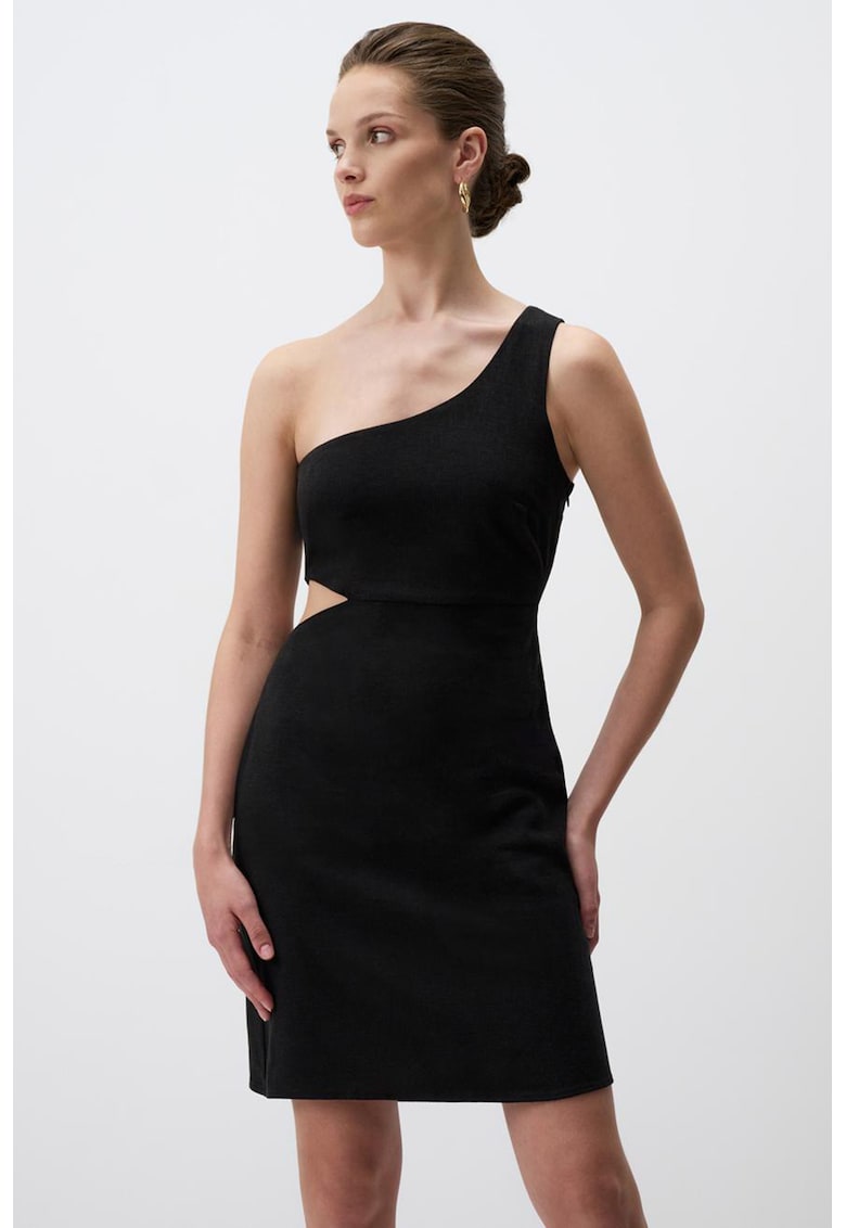 Rochie mini din amestec de in cu decupaj - Negru