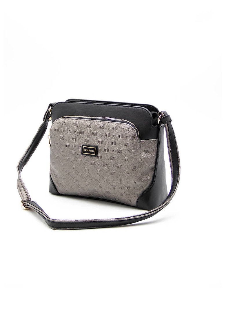 Geanta crossbody de piele ecologica cu buzunare cu fermoar - Negru/Argintiu inchis