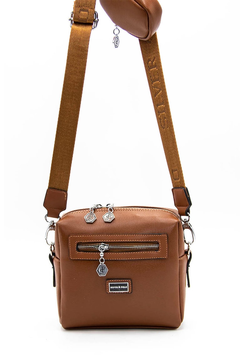 Geanta crossbody de piele ecologica cu etui detasabil - Caramel