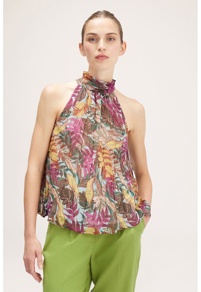 Bluza cu model floral si decolteu american - Verde/Violet prafuit/Galben mustar
