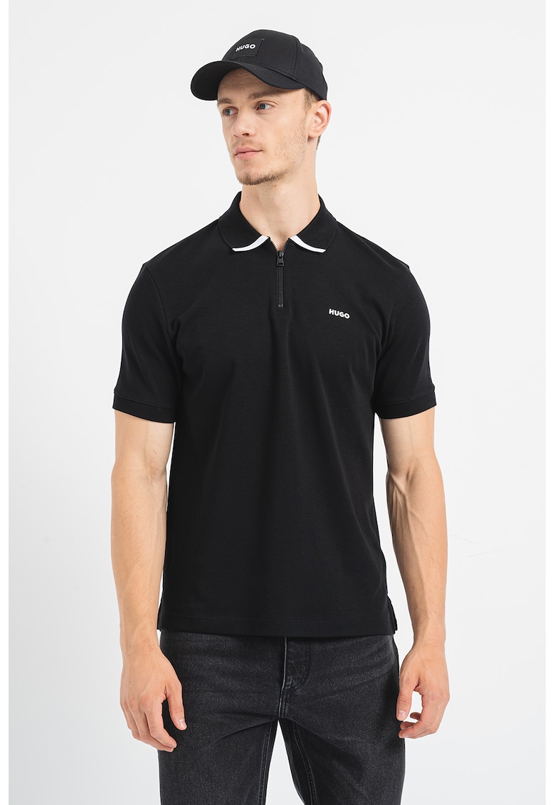 Tricou polo cu fenta cu fermoar Dalomino - Negru