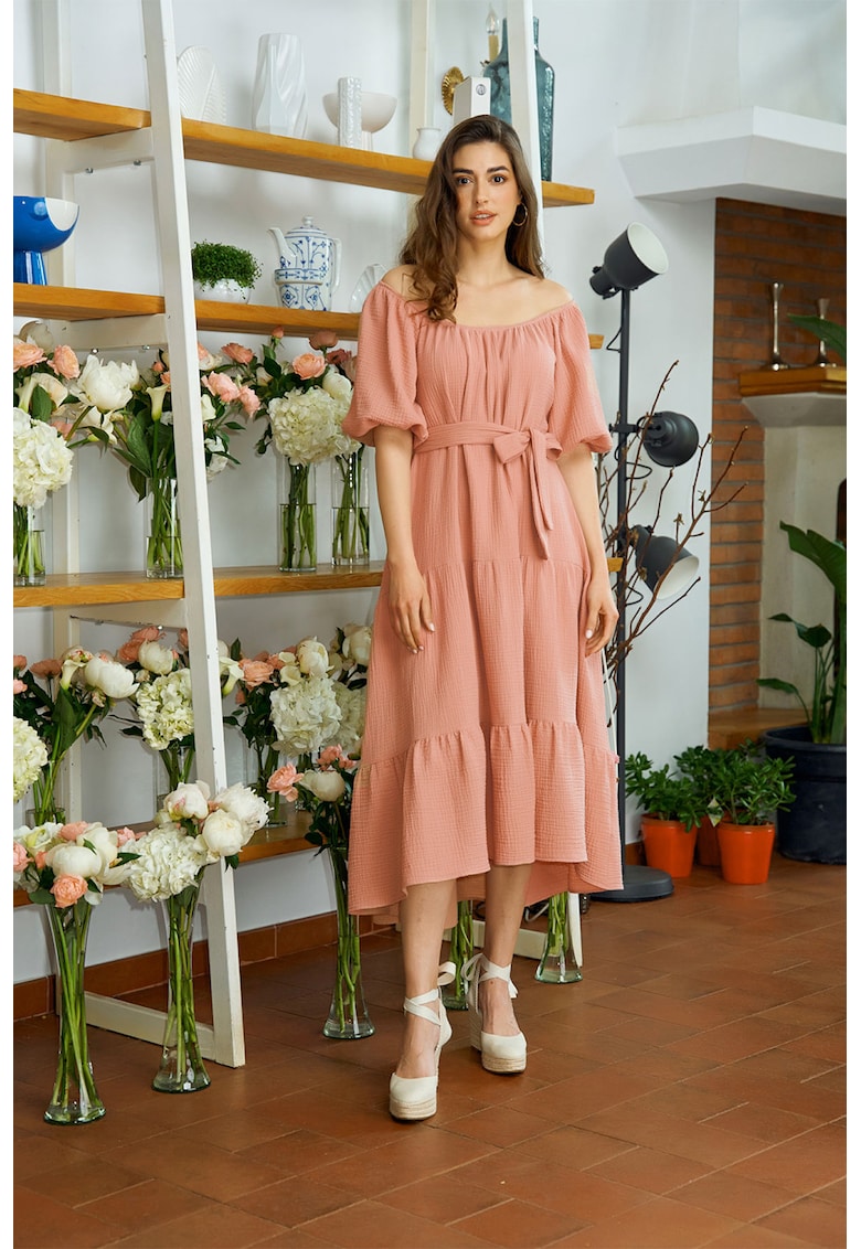 Rochie cu decolteu pe umeri si terminatie asimetrica Cassia - Roz somon