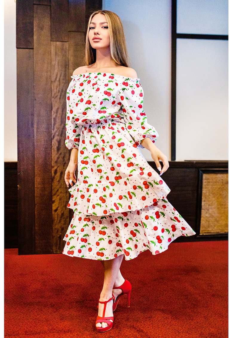 Rochie midi cu maneci bufante - Rosu/Verde/Alb optic