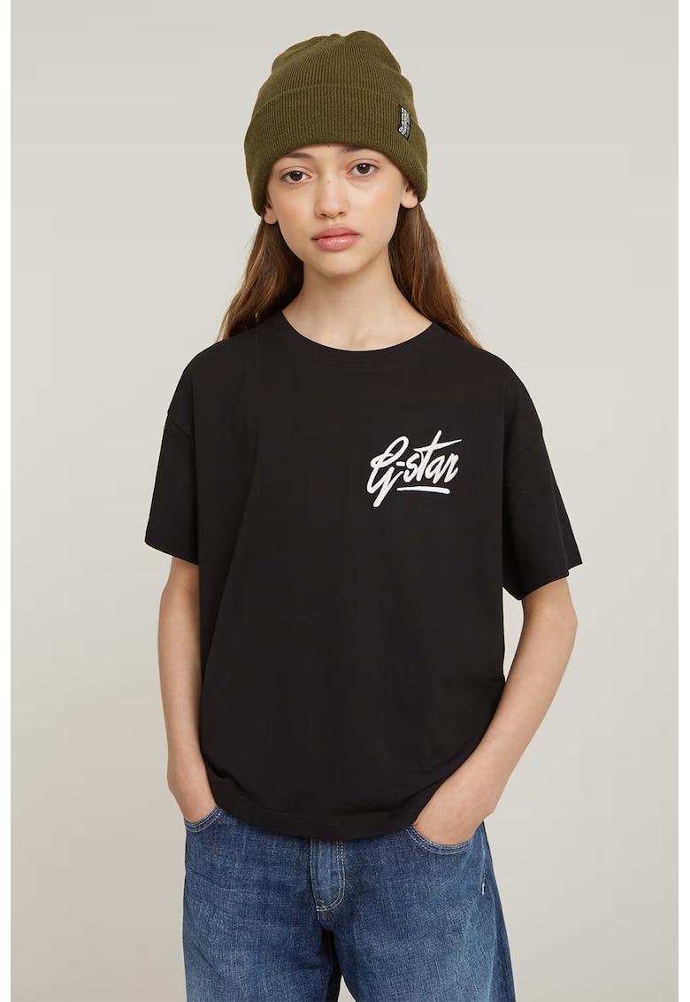 Tricou lejer din bumbac organic cu broderie logo - Alb/Negru