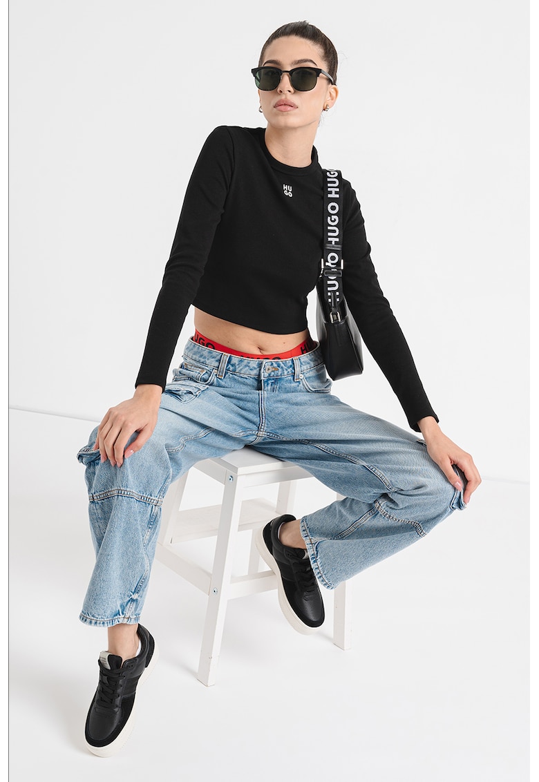 Bluza crop slim fit cu logo Dafilomena - Negru