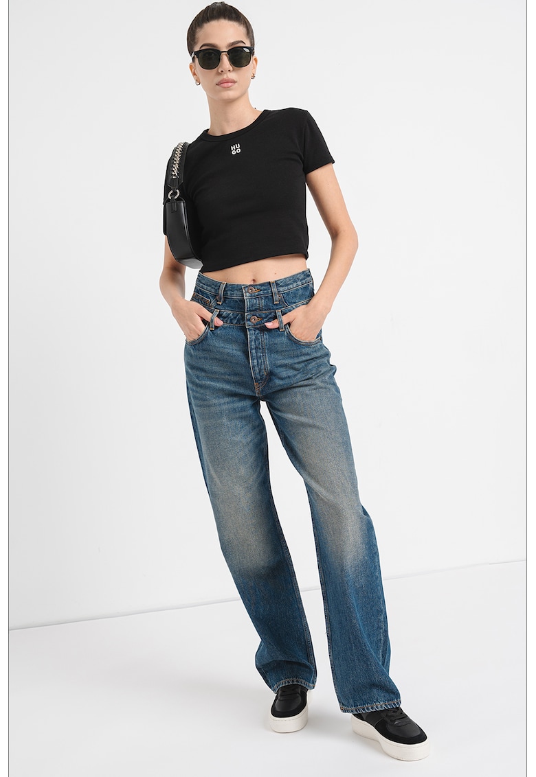 Tricou crop cu croiala slim-fit si logo brodat - Negru