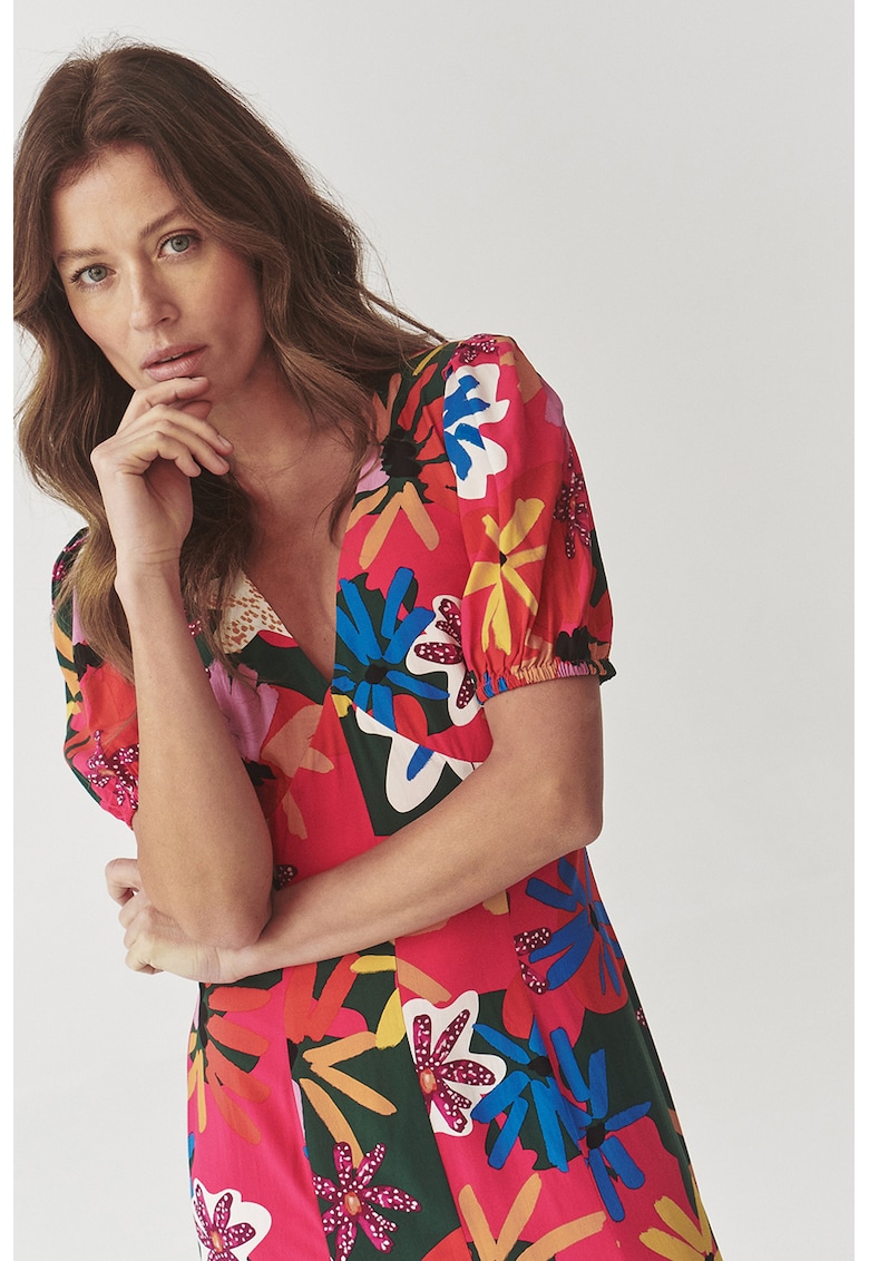 Rochie cu model floral si decolteu in V Lanamia - Rosu/Negru/Galben
