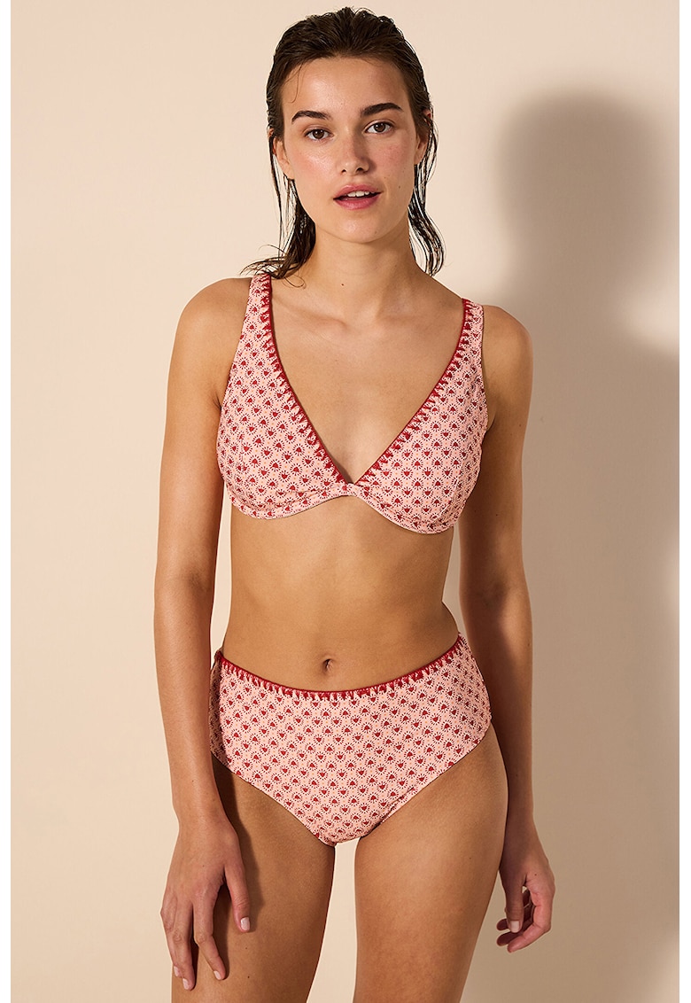 Sutien de baie cu cupe triunghiulare - Roz pastel/Rosu inchis