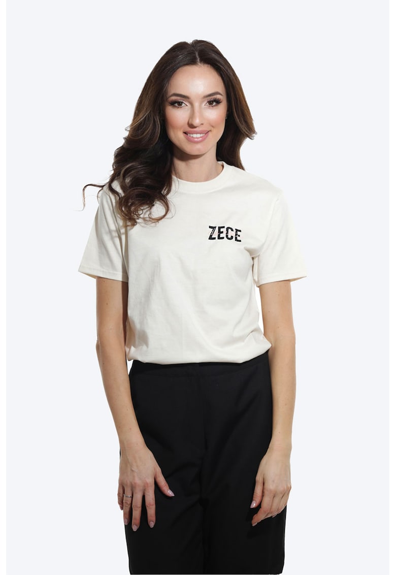 Tricou de bumbac cu decolteu la baza gatului - Alb fildes