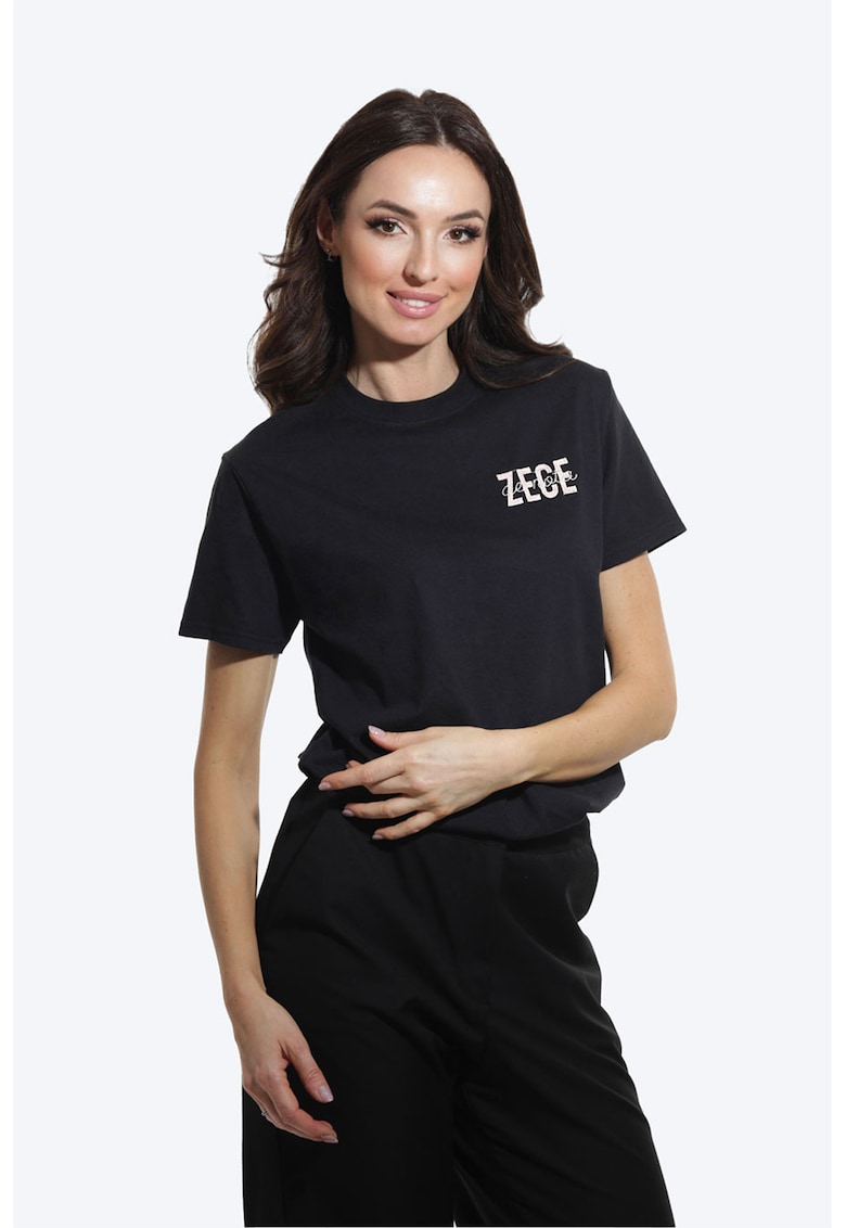 Tricou de bumbac cu decolteu la baza gatului - Negru